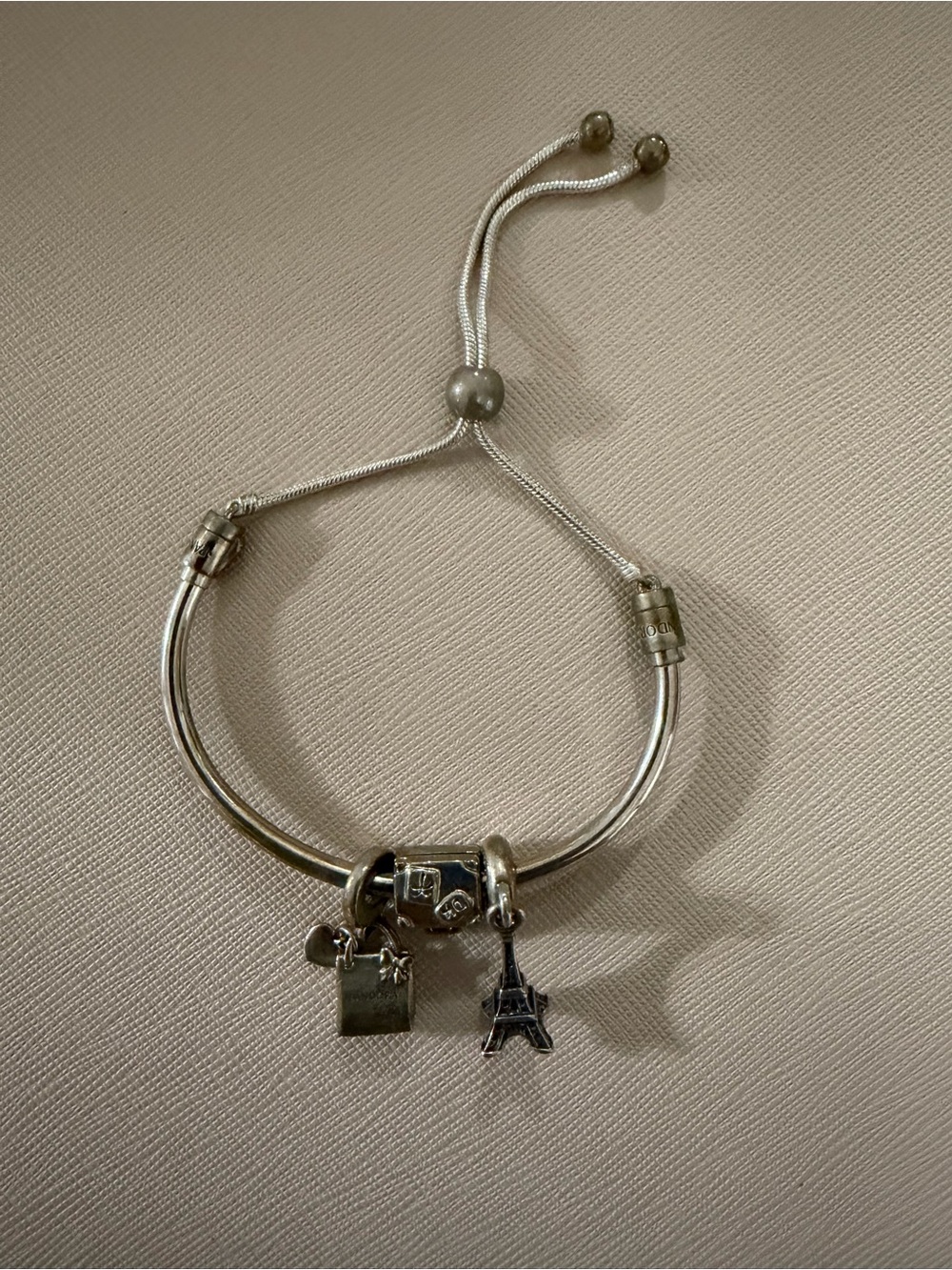 Pandora Silver Bracelet with Eiffel Tower and Handbag Charms